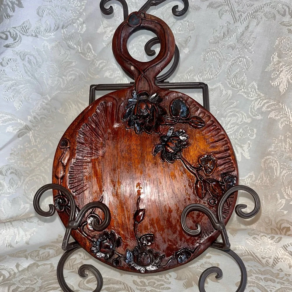 Antique Japanese Kamakura Bori Hand Carved Wood Mirror - Meiji Lotus Lacquerware